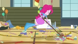 Size: 1920x1080 | Tagged: safe, derpibooru import, screencap, pinkie pie, equestria girls, equestria girls (movie), balloon, boots, bracelet, broom, chair, clothes, cup, high heel boots, jewelry, jumping, pumpkin, shoes, skirt, solo, table