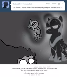 Size: 666x768 | Tagged: artist:egophiliac, ask, bondage, cartographer's cap, dark woona, derpibooru import, doll, encasement, female, filly, grayscale, hat, magic, monochrome, moonstuck, nightmare moon, nightmare woon, plushie, princess luna, safe, sitting, slime monster, smooze, toy, tumblr, woona, woonoggles, younger