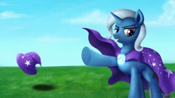 Size: 1024x576 | Tagged: safe, artist:jeki, derpibooru import, trixie, pony, unicorn, cape, clothes, female, grass, grass field, grin, hat, mare, smiling, solo, trixie's cape, trixie's hat, underhoof