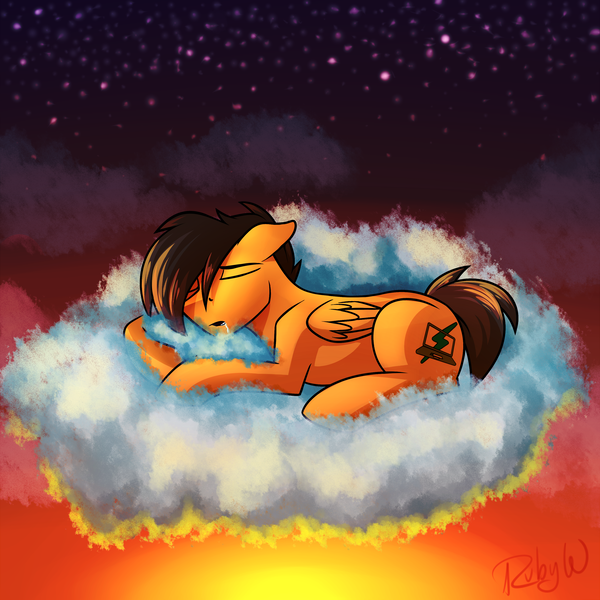 Size: 3000x3000 | Tagged: safe, artist:rubywave32, derpibooru import, oc, oc:compylight, unofficial characters only, pegasus, pony, cloud, commission, male, sleeping, solo, stallion, tired, twilight (astronomy)