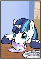 Size: 796x1132 | Tagged: artist:muffinshire, bomb ass tea, caught, comic:twilight's first day, cup, cute, derpibooru import, drinking, food, safe, shining adorable, shining armor, solo, tea, teacup