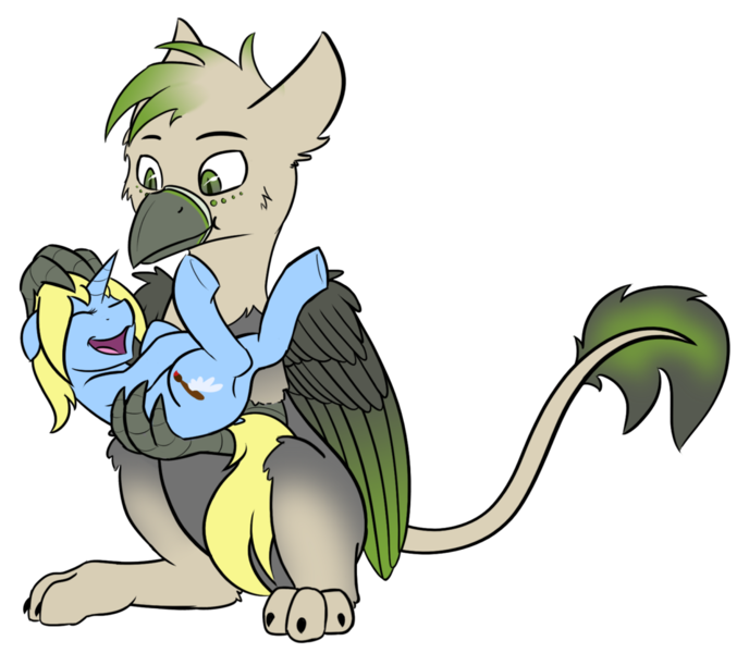 Size: 1280x1134 | Tagged: safe, artist:mynder, derpibooru import, oc, oc:art's desire, oc:ralek, unofficial characters only, gryphon, pony, unicorn, cute, head scratch, pets, simple background, size difference, talons, transparent background