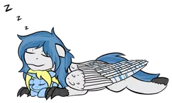 Size: 1280x769 | Tagged: safe, artist:mynder, derpibooru import, oc, oc:art's desire, oc:delta dart, unofficial characters only, hippogriff, pony, unicorn, cute, onomatopoeia, simple background, size difference, sleeping, sound effects, talons, transparent background, zzz