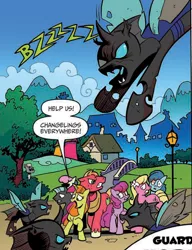 Size: 992x1291 | Tagged: safe, derpibooru import, idw, berry punch, berryshine, big macintosh, bon bon, lily, lily valley, observer (character), sweetcream scoops, sweetie drops, thunderlane, changeling, earth pony, pony, unicorn, spoiler:comic, spoiler:guardians of harmony, cropped, female, guardians of harmony, male, mare, official comic, speech bubble, stallion, toy