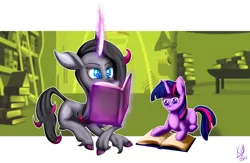 Size: 2100x1370 | Tagged: safe, artist:kiarawizard01, derpibooru import, oleander (tfh), twilight sparkle, classical unicorn, pony, unicorn, them's fightin' herds, book, cloven hooves, community related, duo, female, filly, filly twilight sparkle, leonine tail, magic, mare, prone, telekinesis, unshorn fetlocks, younger