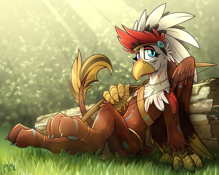 Size: 2921x2342 | Tagged: safe, artist:ralek, derpibooru import, oc, oc:charlene, unofficial characters only, gryphon, beak, bow (weapon), forest, griffon oc, headdress, log, loincloth, native american, paws, solo, talons, wings