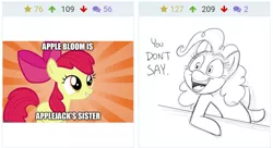 Size: 1232x669 | Tagged: safe, artist:mickeymonster, derpibooru import, screencap, apple bloom, pinkie pie, pony, derpibooru, captain obvious, juxtaposition, meta, obvious, you don't say