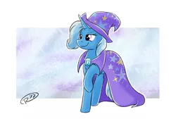 Size: 2380x1612 | Tagged: safe, artist:ruushiicz, derpibooru import, trixie, pony, unicorn, abstract background, cape, clothes, hat, raised hoof, smiling, solo, trixie's cape, trixie's hat