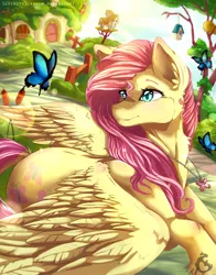 Size: 1024x1303 | Tagged: safe, artist:serenity, derpibooru import, fluttershy, butterfly, pony, accessories, blushing, colored pupils, cottage, cute, ear fluff, fluttershy's cottage, jewelry, necklace, pretty, prone, solo, speedpaint, spread wings, wingding eyes, wings