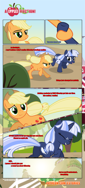 Size: 1919x4225 | Tagged: safe, artist:estories, derpibooru import, applejack, oc, oc:silverlay, pony, unicorn, comic:a(pple)ffection, absurd resolution, canon x oc, comic, female, lesbian, mare, running, shipping, silverjack