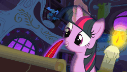 Size: 768x432 | Tagged: safe, derpibooru import, screencap, twilight sparkle, pony, unicorn, owl's well that ends well, season 1, animated, balcony, beehive, book, bookshelf, candle, disturbed, door, flower, gif, golden oaks library, magic, night, plate, ponyville, quill, scroll, solo, spooky, stars, telekinesis, tree, writing