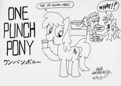 Size: 911x648 | Tagged: applejack, artist:newportmuse, berry punch, berryshine, derpibooru import, joke, one punch man, parody, pun, punch bowl, punch (drink), rainbow dash, safe, signature, speech bubble, wip