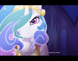 Size: 944x736 | Tagged: artist:gamblingfoxinahat, castle of the royal pony sisters, derpibooru import, frown, hair over one eye, princess celestia, princess twilight sparkle (episode), safe, scene interpretation, solo, stoic, text