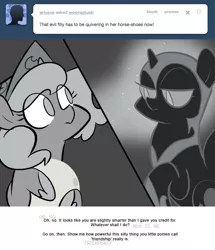 Size: 666x776 | Tagged: artist:egophiliac, ask, cartographer's cap, dark woona, derpibooru import, female, filly, grayscale, hat, lunar stone, monochrome, moonstuck, nightmare moon, nightmare woon, princess luna, safe, tumblr, woona, younger