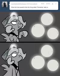 Size: 666x836 | Tagged: artist:egophiliac, ask, cartographer's cap, derpibooru import, female, filly, grayscale, hat, lunar stone, magic, monochrome, moonstuck, princess luna, safe, solo, tumblr, woona, woonoggles, younger