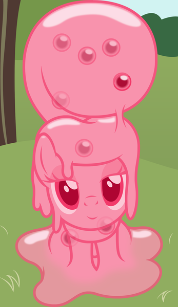 Size: 1300x2247 | Tagged: safe, artist:badumsquish, derpibooru import, part of a set, oc, oc:quiddity, unofficial characters only, goo, goo pony, original species, pony, badumsquish's kitties, bedroom eyes, egg, female, imminent oviposition, lidded eyes, looking at you, mare, melting, sitting, smiling, solo