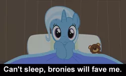 Size: 1600x973 | Tagged: safe, artist:agrol, derpibooru import, trixie, pony, unicorn, anti-bronybait, bed, blanket, brony, bronybait, can't sleep, caption, cs captions, cute, diatrixes, female, lisa's first word, looking at you, mare, must be better, pillow, teddy bear, the simpsons