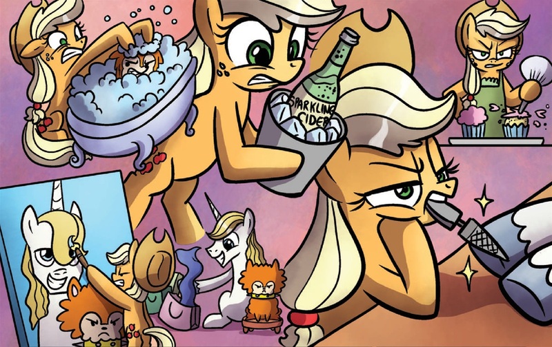 Size: 1198x754 | Tagged: safe, derpibooru import, idw, applejack, bunny (pet), prince blueblood, earth pony, pony, unicorn, spoiler:comic, spoiler:comicdeviations, applejack is not amused, bath, cider, clothes, cupcake, food, hooficure, nail file, painting, scarf, sparkling cider, unamused