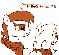 Size: 640x600 | Tagged: artist:ficficponyfic, caption, colt, colt quest, derpibooru import, femboy, frown, image macro, jojo's bizarre adventure, male, meme, oc, oc:emerald jewel, oc:giles pecan, roundabout, safe, spoiler, text, to be continued, unofficial characters only