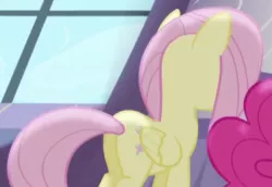 Size: 440x303 | Tagged: safe, derpibooru import, screencap, fluttershy, pinkie pie, pony, princess twilight sparkle (episode), butt, cropped, female, mare, plot, solo focus, wings