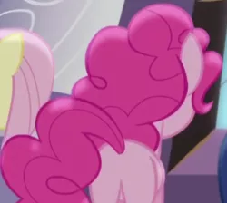 Size: 379x339 | Tagged: safe, derpibooru import, screencap, fluttershy, pinkie pie, earth pony, pony, princess twilight sparkle (episode), back of head, balloonbutt, butt, cropped, female, mare, missing cutie mark, plot, solo focus