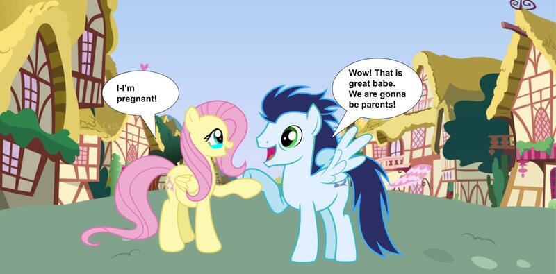 Size: 1524x753 | Tagged: safe, artist:jawsandgumballfan24, derpibooru import, fluttershy, soarin', pony, crying, female, male, ponyville, pregnant, shipping, soarinshy, straight, tears of joy