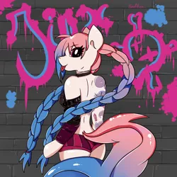 Size: 2000x2000 | Tagged: suggestive, artist:saralien, derpibooru import, oc, oc:miwako, unofficial characters only, anthro, earth pony, arm hooves, blushing, clothes, cosplay, costume, female, jinx (league of legends), league of legends, solo, solo female