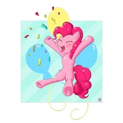 Size: 1600x1600 | Tagged: safe, artist:auro-ria, deleted from derpibooru, derpibooru import, pinkie pie, pony, anatomically incorrect, confetti, cute, cutie mark background, diapinkes, ear fluff, eyes closed, frog (hoof), happy, incorrect leg anatomy, open mouth, solo, underhoof