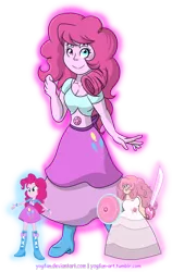 Size: 1024x1621 | Tagged: safe, artist:yogfan, derpibooru import, pinkie pie, equestria girls, balloon, boots, bracelet, clothes, crossover, fusion, high heel boots, jewelry, rose quartz (steven universe), shoes, skirt, solo, steven universe