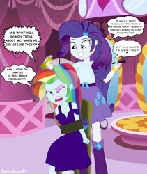 Size: 3200x3800 | Tagged: safe, artist:robukun, derpibooru import, rainbow dash, rarity, equestria girls, and then there's rarity, boots, bracelet, carousel boutique, clothes, dashsub, dress, engrish, femsub, forced makeover, hair spray, high heel boots, image, implied shipping, implied soarindash, implied straight, jewelry, jpeg, lipstick, makeover, makeup, necklace, rainbond dash, rainbow dash always dresses in style, shoes, skirt, submissive, tied up, tomboy taming