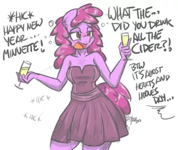 Size: 1000x847 | Tagged: safe, artist:flutterthrash, derpibooru import, berry punch, berryshine, anthro, earth pony, clothes, dialogue, dress, drink, drunk, go home you're drunk, solo