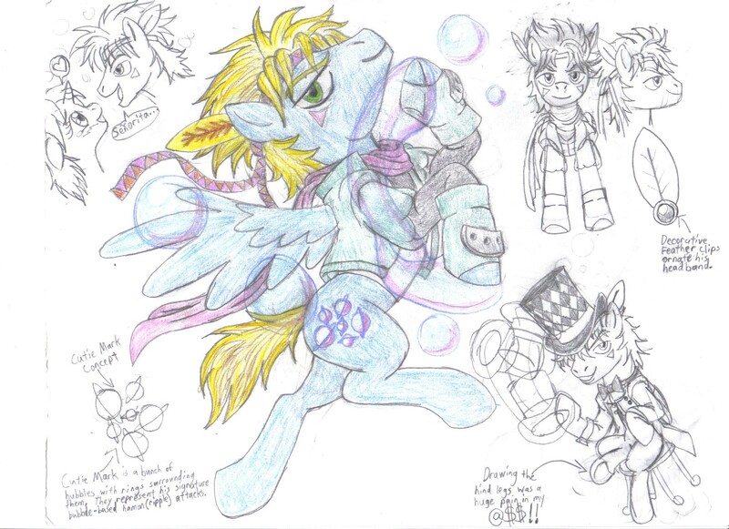 Size: 1755x1275 | Tagged: safe, artist:semijuggalo, derpibooru import, ponified, pegasus, pony, battle tendency, bubble, caesar zeppeli, dapper, dapper as buck, hat, jojo's bizarre adventure, top hat, traditional art