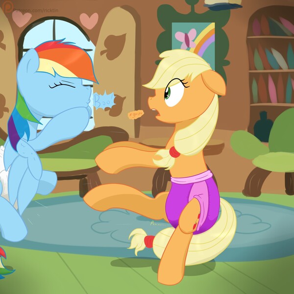 Size: 1280x1280 | Tagged: questionable, artist:ricktin, derpibooru import, applejack, rainbow dash, adult foal, diaper, diaper fetish, fetish, fluttershy's cottage, image, jpeg, pissing, pullup (diaper), training pants, urine, wet diaper, wetting