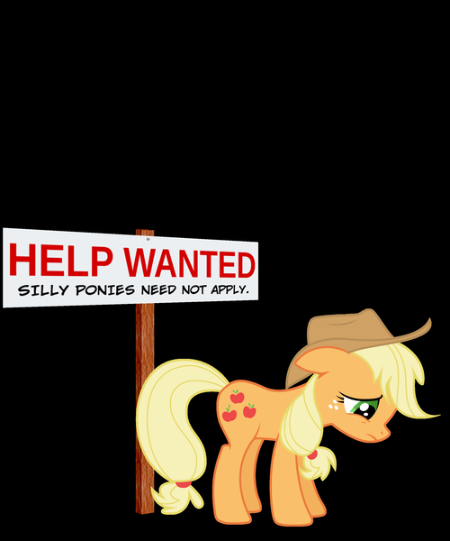 Size: 2317x2779 | Tagged: safe, derpibooru import, applejack, pony, black background, discrimination, help wanted, sad, sign, silly, silly pony, simple background, solo, unemployment, who's a silly pony