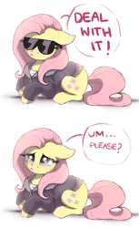 Size: 1104x1800 | Tagged: safe, artist:buttersprinkle, derpibooru import, fluttershy, pegasus, pony, :<, buttersprinkle is trying to murder us, clothes, cute, daaaaaaaaaaaw, deal with it, dialogue, female, floppy ears, frown, hnnng, hoodie, if that's okay with you, looking up, mare, meme, prone, puppy dog eyes, shy, shyabetes, simple background, solo, sunglasses, tough, white background
