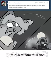 Size: 666x785 | Tagged: artist:egophiliac, ask, cartographer's cap, dark woona, derpibooru import, female, filly, grayscale, hat, lunar stone, monochrome, moonstuck, nightmare moon, nightmare woon, princess luna, safe, throwing, tumblr, woona, woonoggles, younger
