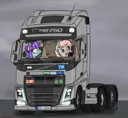 Size: 2300x2121 | Tagged: artist:orang111, bobblehead, derpibooru import, edit, leafeon, oc, oc:camion, oc:fiji, pokémon, safe, semi truck, simple background, truck, unofficial characters only, volvo, volvo fh