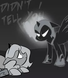 Size: 666x761 | Tagged: artist:egophiliac, cartographer's cap, crown, dark woona, derpibooru import, female, filly, glowing eyes, hat, jewelry, monochrome, moonstuck, neo noir, nightmare moon, nightmare woon, partial color, princess luna, regalia, safe, tumblr, woona, younger