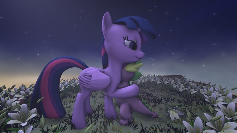 Size: 2000x1125 | Tagged: safe, artist:ghost3641, derpibooru import, spike, twilight sparkle, twilight sparkle (alicorn), alicorn, dragon, pony, 3d, flower, hug, source filmmaker, stars, twilight (astronomy)