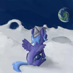 Size: 750x750 | Tagged: safe, artist:tuckels, derpibooru import, princess luna, pony, cartographer's cap, female, filly, hat, paper hat, planet, solo, woona, younger