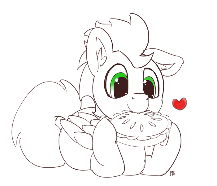 Size: 1280x1095 | Tagged: safe, artist:pabbley, derpibooru import, soarin', pegasus, pony, cute, eating, floppy ears, food, heart, partial color, pie, simple background, solo, that pony sure does love pies, white background