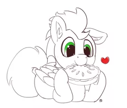 Size: 1280x1095 | Tagged: safe, artist:pabbley, derpibooru import, soarin', pegasus, pony, cute, eating, floppy ears, food, heart, partial color, pie, simple background, solo, that pony sure does love pies, white background