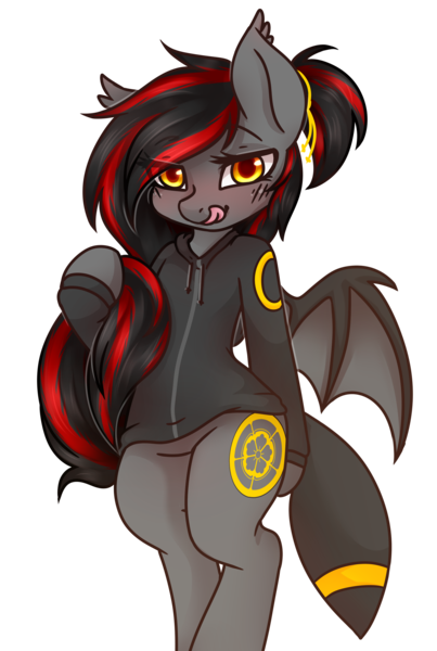 Size: 1949x2904 | Tagged: safe, artist:ruef, derpibooru import, oc, oc:tomoko tanue, unofficial characters only, bat pony, pony, umbreon, fallout equestria, clothes, female, hoodie, mare, pokémon, ponytail, solo