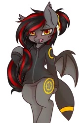 Size: 1949x2904 | Tagged: safe, artist:ruef, derpibooru import, oc, oc:tomoko tanue, unofficial characters only, bat pony, pony, umbreon, fallout equestria, clothes, female, hoodie, mare, pokémon, ponytail, solo