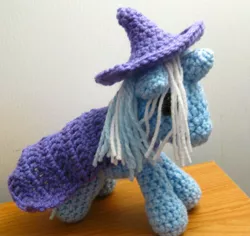 Size: 2461x2320 | Tagged: safe, artist:acrylicsheep, derpibooru import, trixie, pony, amigurumi, cape, clothes, crochet, hat, irl, photo, plushie, solo, trixie's cape, trixie's hat