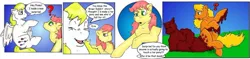 Size: 1135x269 | Tagged: safe, artist:selena ema thomas, derpibooru import, applejack, applejack (g1), posey, surprise, pony, comic, g1, silly, silly pony, tar, who's a silly pony