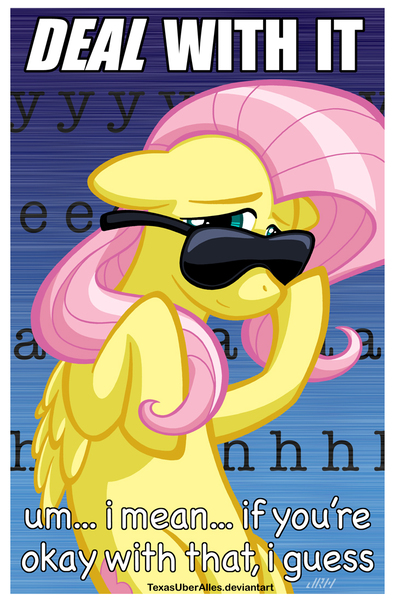 Size: 720x1097 | Tagged: safe, artist:texasuberalles, derpibooru import, fluttershy, pegasus, pony, cute, deal with it, female, floppy ears, if that's okay with you, mare, meme, shyabetes, solo, sunglasses, the font is chalkboard thank you very much