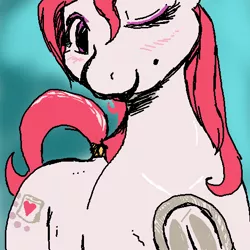 Size: 512x512 | Tagged: safe, artist:tacodeltaco, derpibooru import, oc, oc:marshmallow, unofficial characters only, earth pony, pony, beauty mark, blushing, frog (hoof), looking at you, one eye closed, smiling, solo, underhoof, wink
