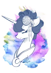 Size: 3507x4960 | Tagged: absurd resolution, alternate hairstyle, artist:chirpy-chi, clothes, derpibooru import, floppy ears, kimono (clothing), monochrome, princess luna, safe, signature, simple background, smiling, solo