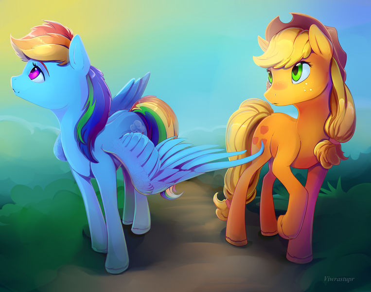 Size: 2200x1729 | Tagged: safe, artist:viwrastupr, derpibooru import, applejack, rainbow dash, earth pony, pegasus, pony, appledash, butt touch, feathermarking, female, lesbian, never doubt tchernobog's involvement, shipping, unshorn fetlocks